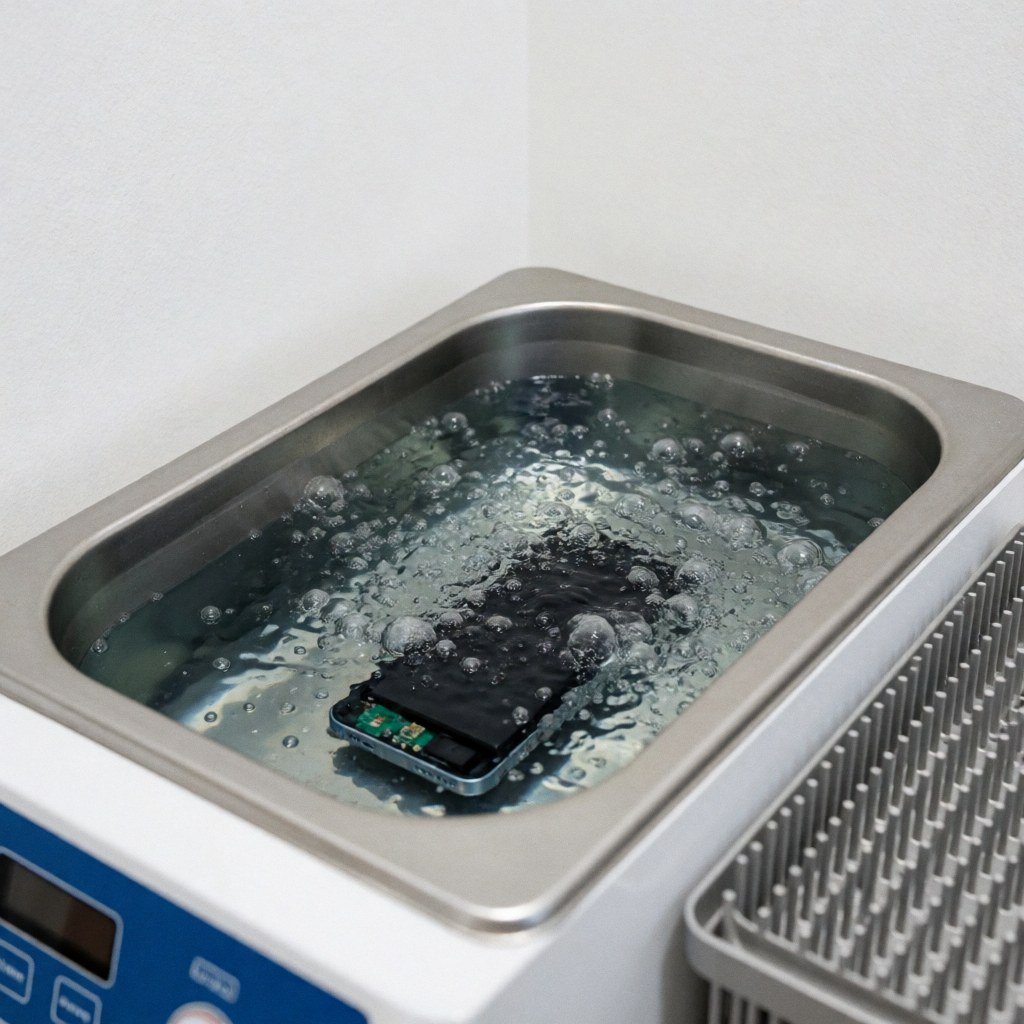 Disassembled mobile phone parts being cleaned in an ultrasonic tank with bubbles near a drying stand against a white background