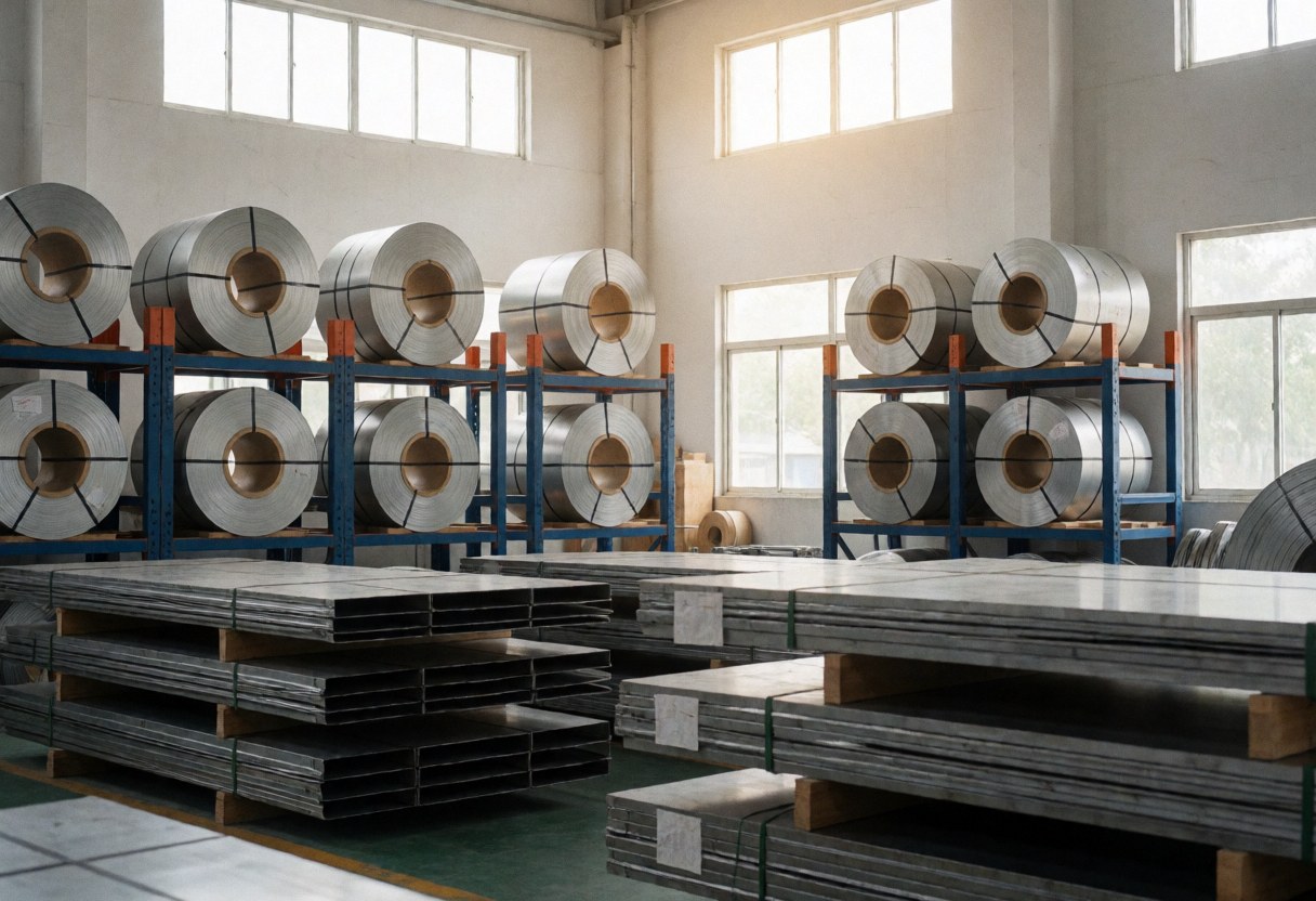 Tall warehouse shelves stacked with steel coils and metal plates on pallets, illuminated by natural light from high windows in a clean industrial setting