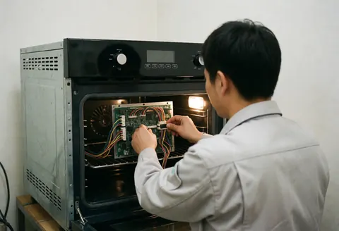 Technician in gray uniform installing a circuit board with colorful wires inside an open oven against a white wall with warm professional lighting.