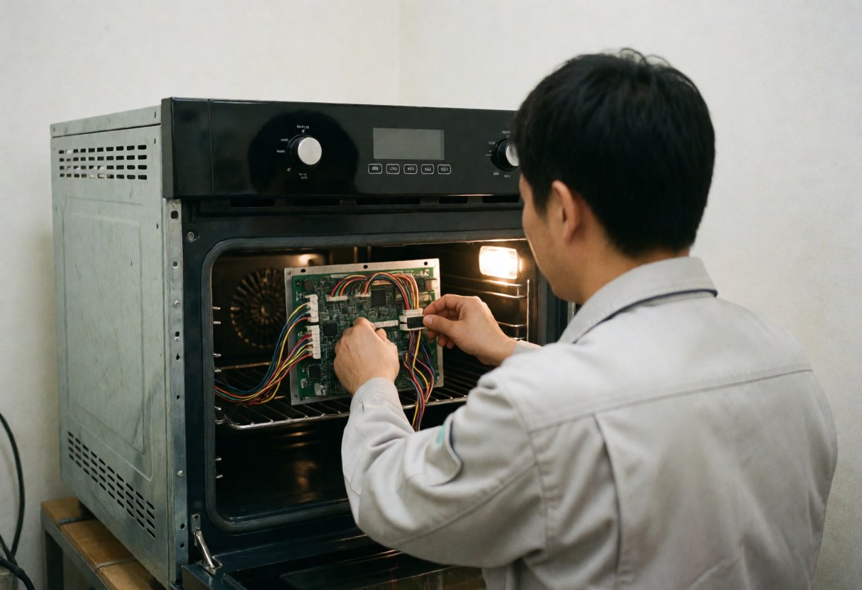 Technician in gray uniform installing a circuit board with colorful wires inside an open oven against a white wall with warm professional lighting.