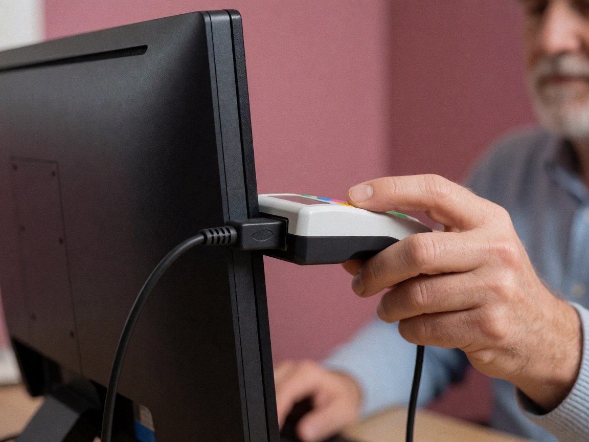 A hand connects a colorimeter to a computer monitor against a pink background, showing color calibration details.