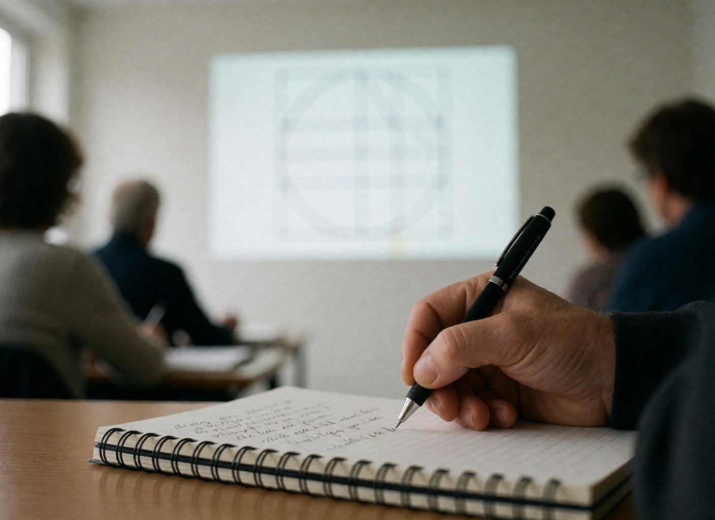 Close-up of an adult hand writing with a pen in a spiral notebook on a wooden table with a blurred projector background
