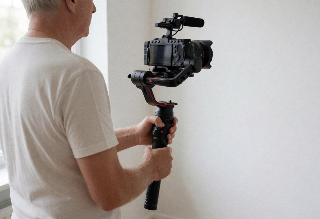 Back view of a professional photographer holding a camera with a gimbal stabilizer in a bright studio with white walls and natural light