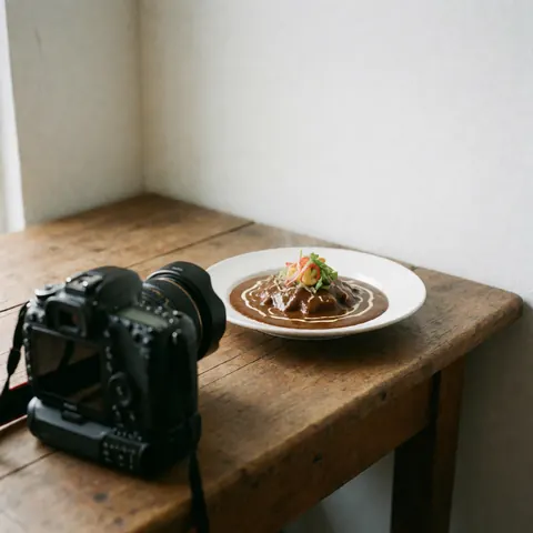 Professional DSLR camera focused on a plate of Mexican mole with garnish on a rustic wooden table against white walls