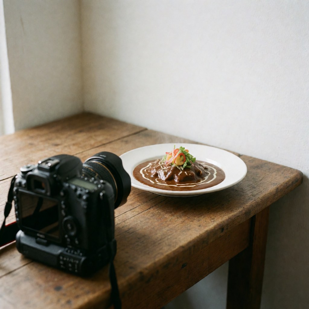 Professional DSLR camera focused on a plate of Mexican mole with garnish on a rustic wooden table against white walls