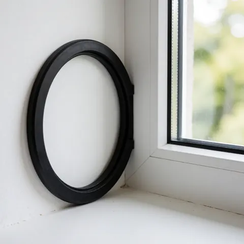 Close-up of black D-shaped EPDM rubber seal installed on the corner of a white window frame against a white background with soft lighting.