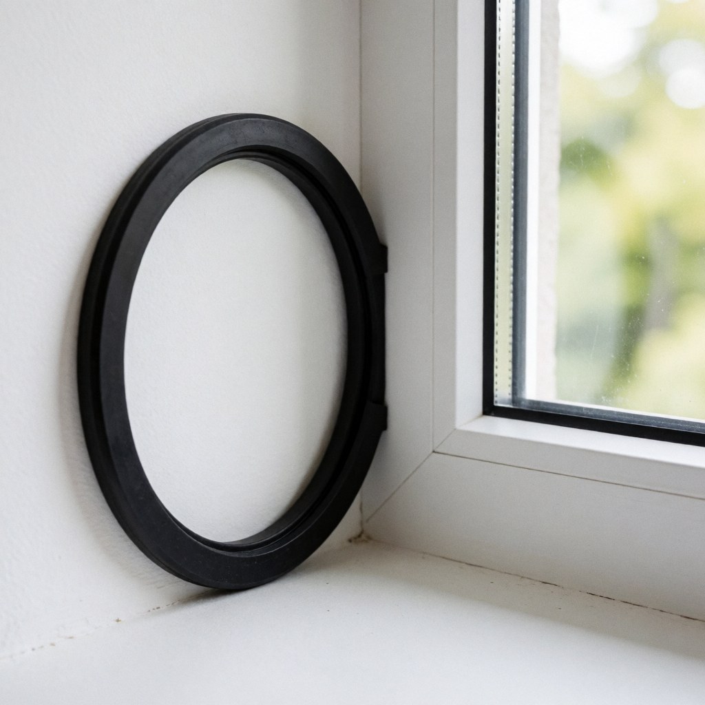 Close-up of black D-shaped EPDM rubber seal installed on the corner of a white window frame against a white background with soft lighting.