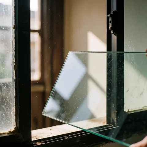 Transparent tempered glass being installed in a worn black aluminum window frame with dust floating in sunlight