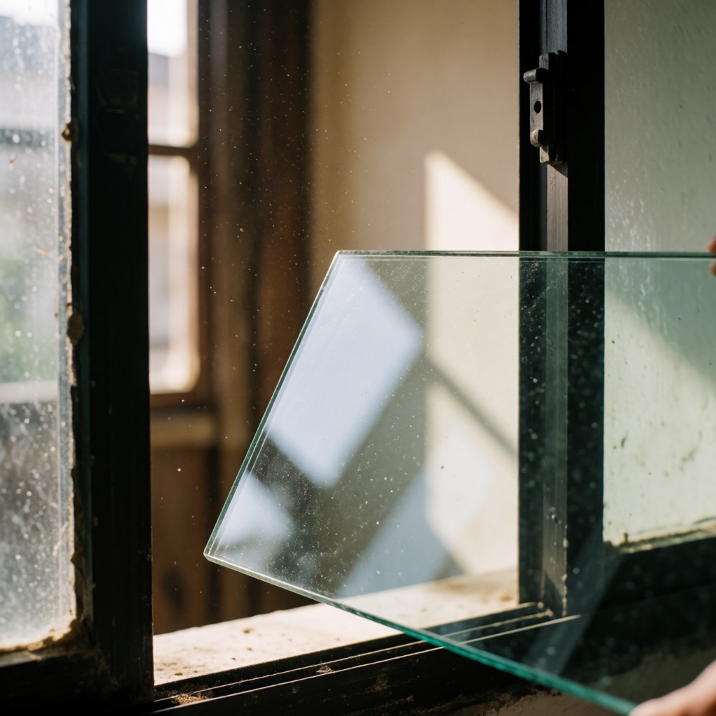 Transparent tempered glass being installed in a worn black aluminum window frame with dust floating in sunlight