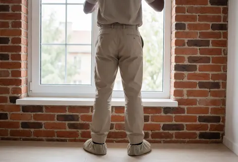 Technician working on a residential window with red brick wall, viewed from behind in a bright and pleasant setting.