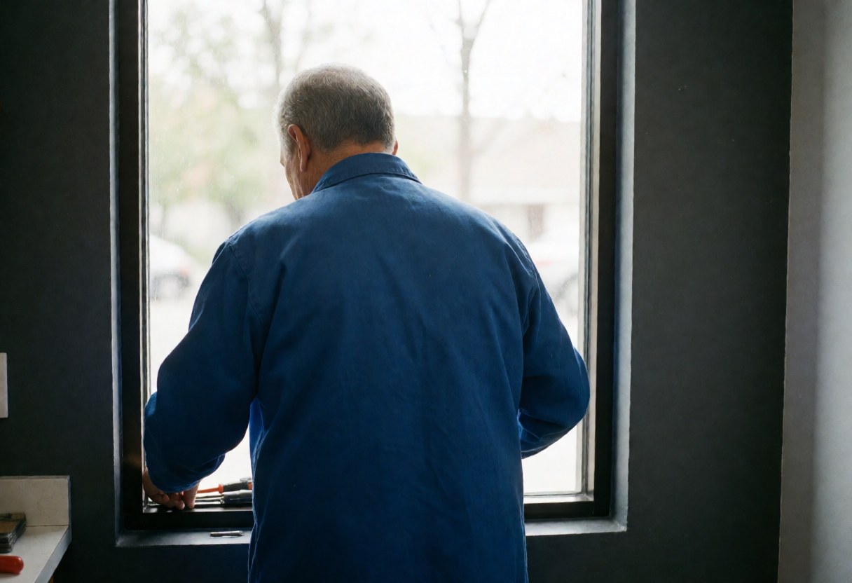 Close-up of hands installing sealant on a window frame during a repair service