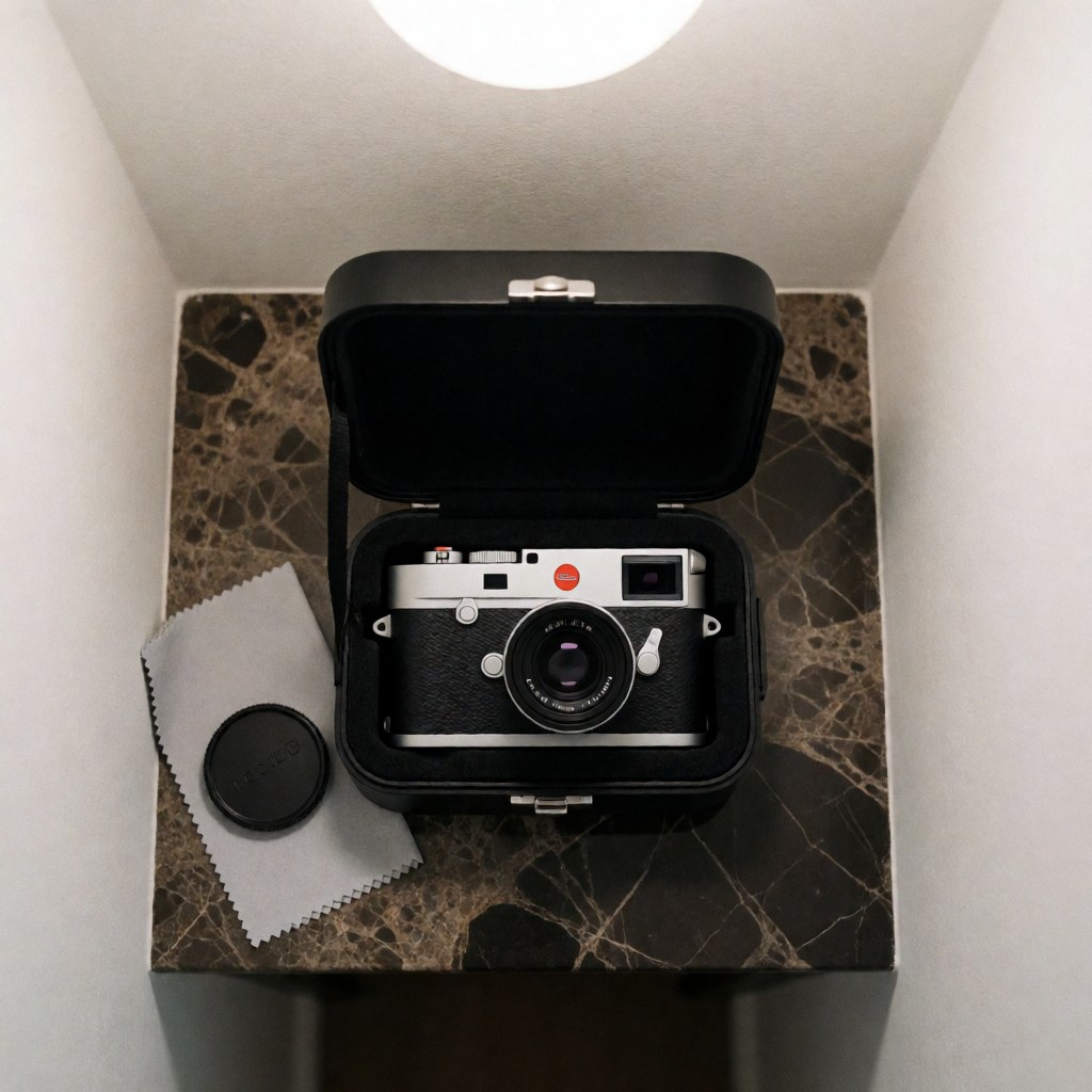 Leica M11 camera in a black case placed on a dark marble surface with a cleaning cloth and lens cap under soft overhead lighting