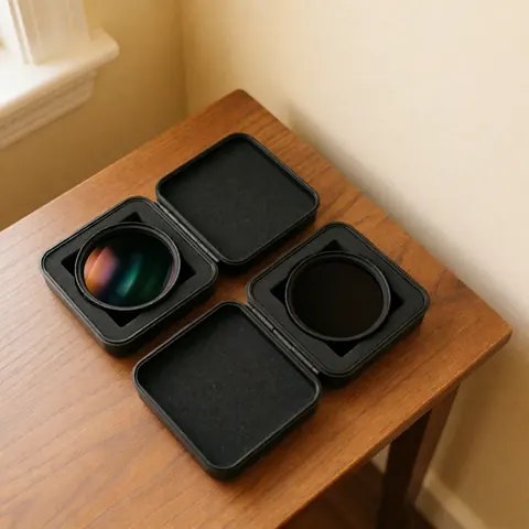 Two camera filters in black cases on a wooden table with visible grain, beige wall, and warm natural light.