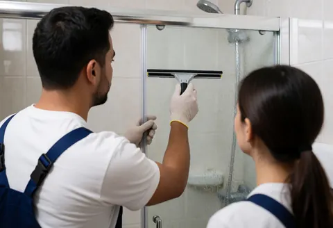 A technician wearing gloves cleans a glass shower door with a squeegee in a tiled bathroom with running water and bright light.