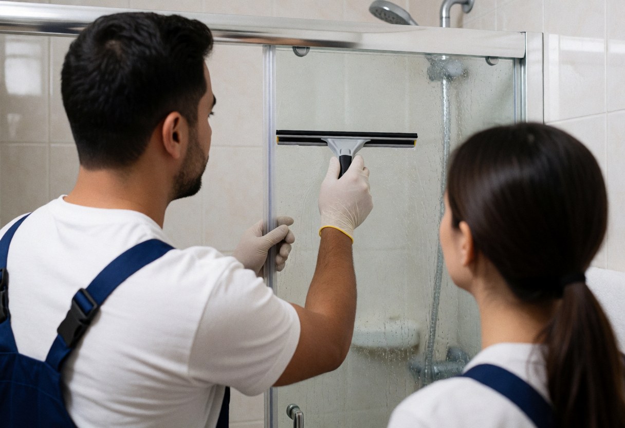 A technician wearing gloves cleans a glass shower door with a squeegee in a tiled bathroom with running water and bright light.