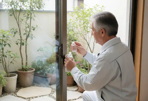A technician in uniform applies lubricant to the rollers of a sliding glass door in a clean patio with plants and stone flooring.
