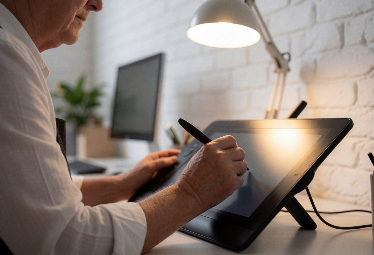 A professional adult works on a graphics tablet with a pen in an office with a white brick wall and warm desk light.