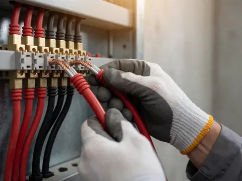 Gloved hands connecting red and black wires to a bronze terminal block in an electrical panel against a concrete wall