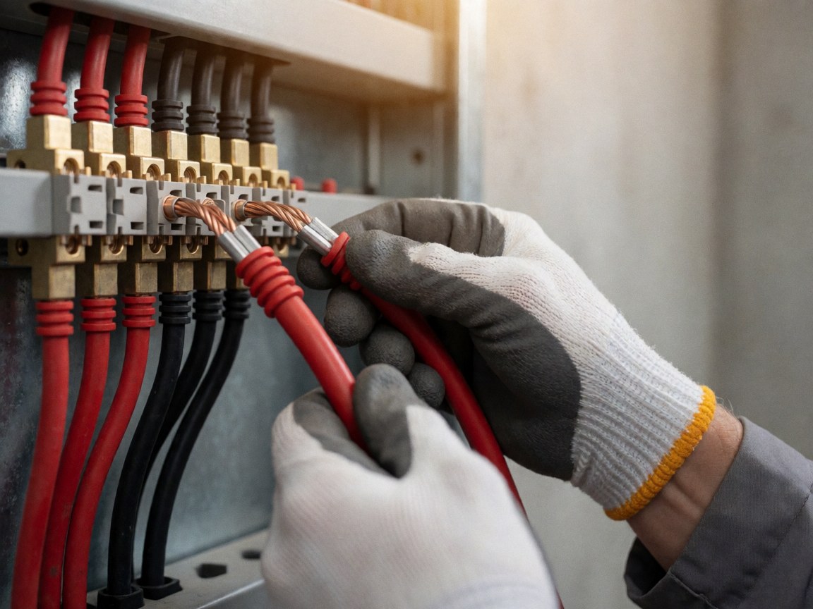 Gloved hands connecting red and black wires to a bronze terminal block in an electrical panel against a concrete wall
