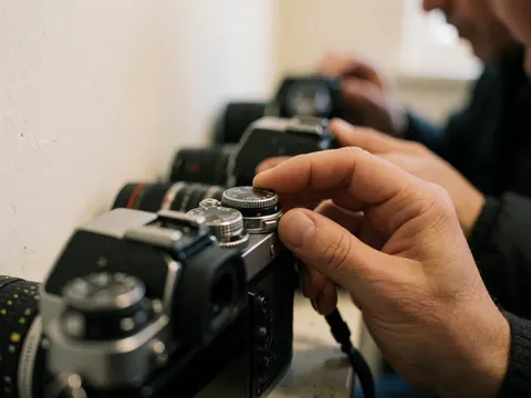 Close-up of a hand turning the dial on a camera during a photography workshop with blurred background