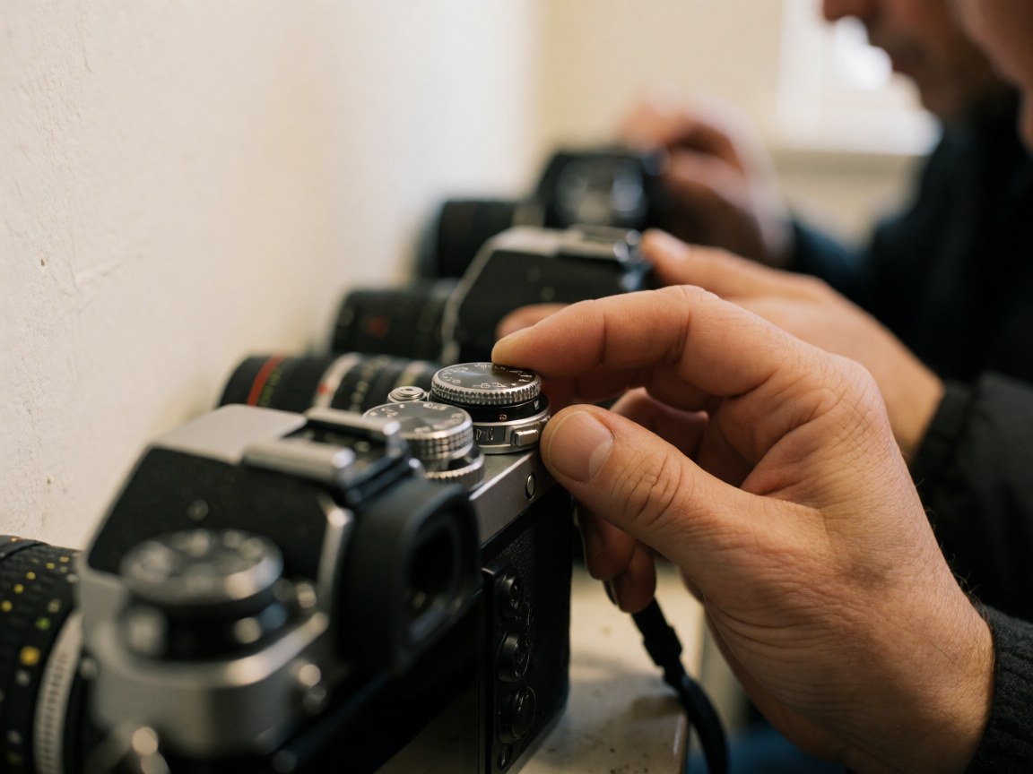Close-up of a hand turning the dial on a camera during a photography workshop with blurred background