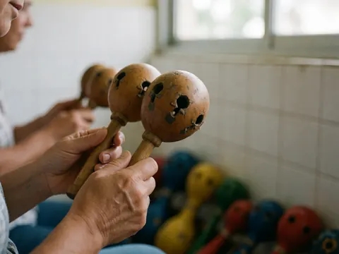 Close-up of adult hands holding wooden maracas with gourd bodies against a colorful background of musical instruments and white tiled walls.