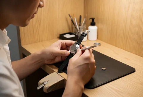Close-up of a watchmaker's hands using tools to adjust the winding mechanism of a watch in a workshop with wooden walls