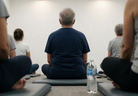 Back view of an older adult seated in lotus position practicing conscious breathing during a theater workshop with others in the blurred background.