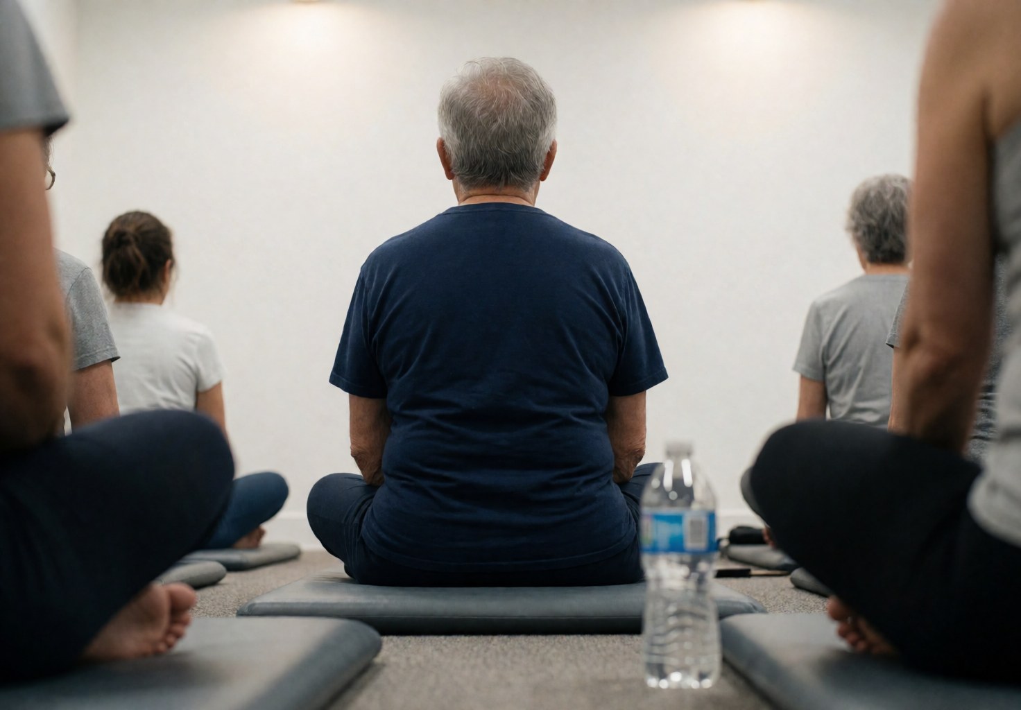 Back view of an older adult seated in lotus position practicing conscious breathing during a theater workshop with others in the blurred background.