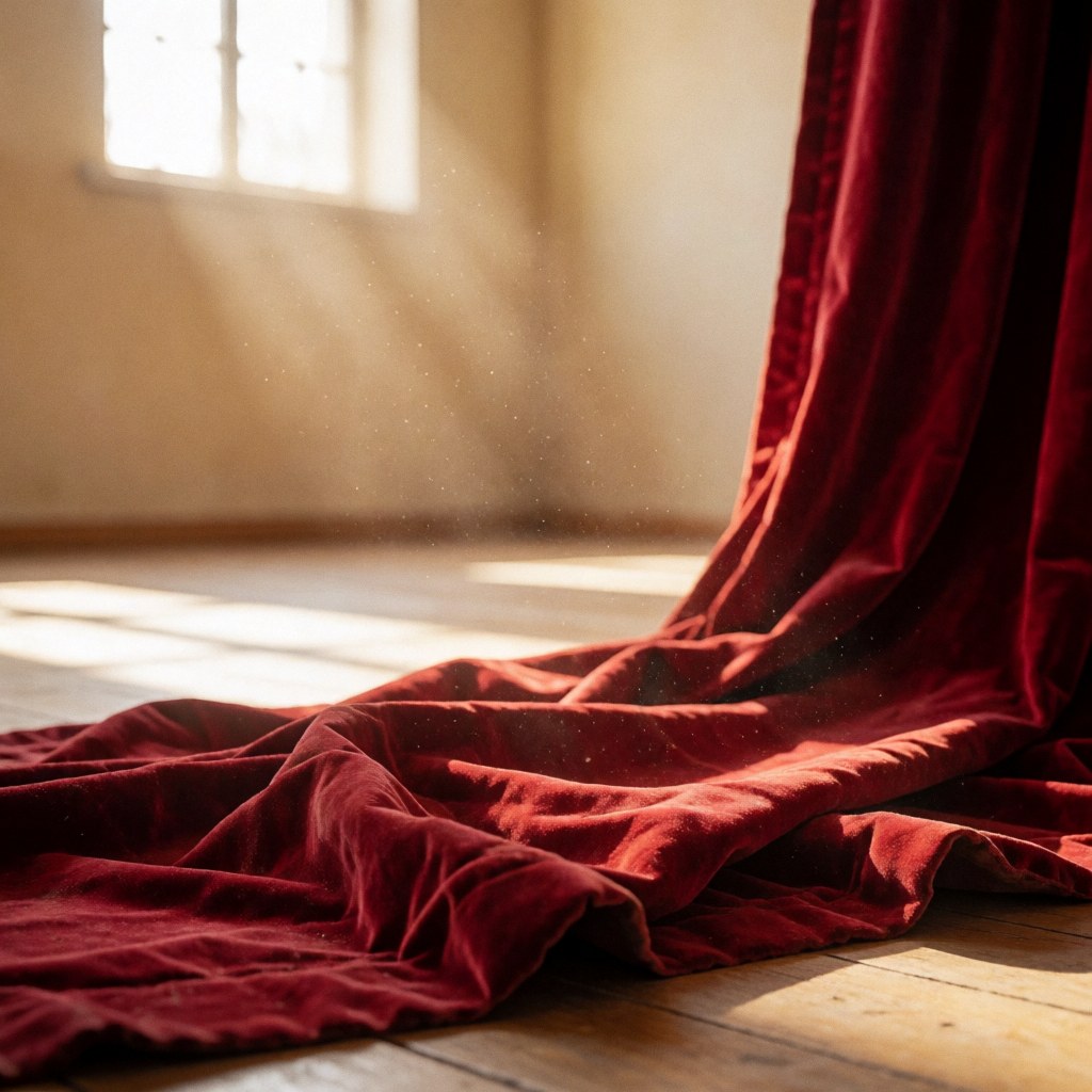 Close-up of a red velvet theater curtain with folds and dust in sunlight on a wooden stage floor