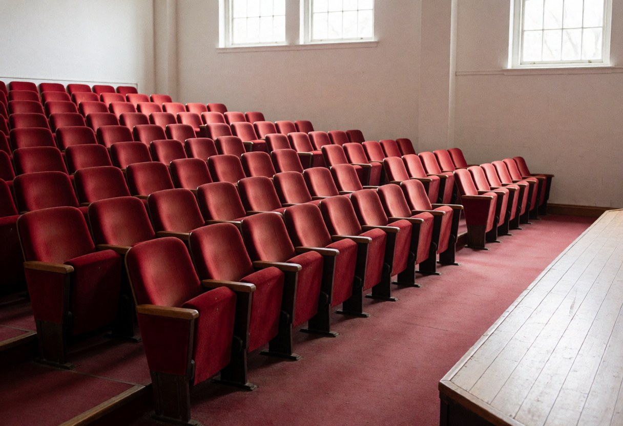 View of an empty theater auditorium featuring rows of red seats facing a wooden stage, illuminated by natural light from high windows.