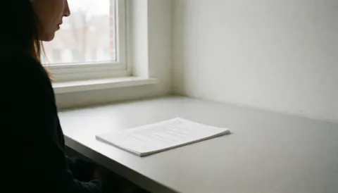 Minimalist office desk with open theater script, white wall, and natural light from window. Ideal for theater workshop cover.