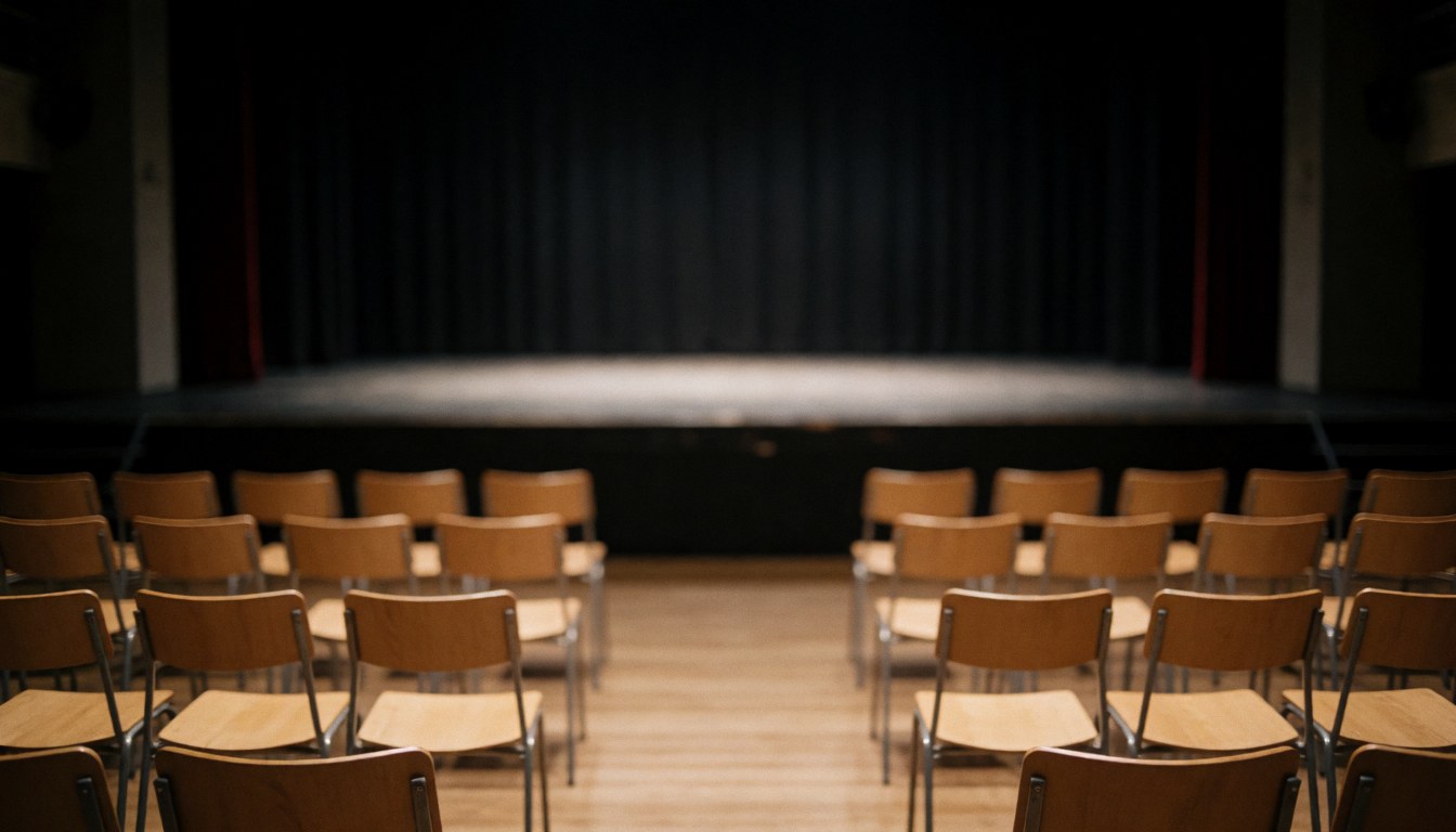 An empty theater stage featuring rows of wooden chairs and a dark curtain backdrop under dim lighting, suitable for professional text overlays.