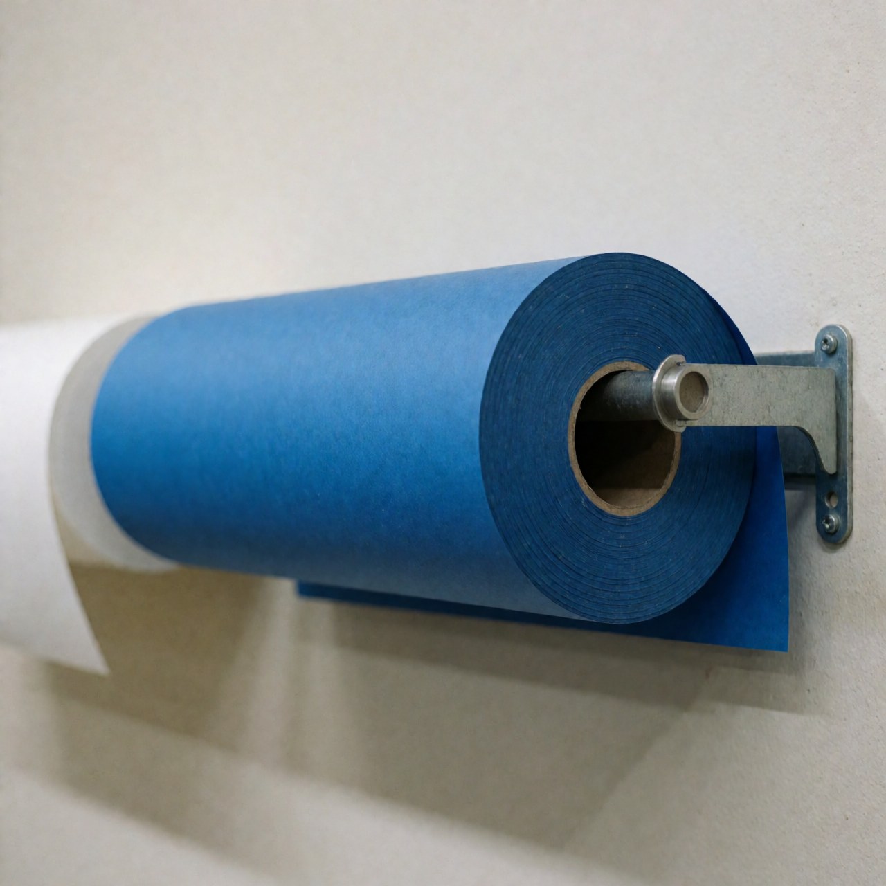 Blue and white seamless paper rolls mounted on a wall stand under neutral lighting for studio product photography