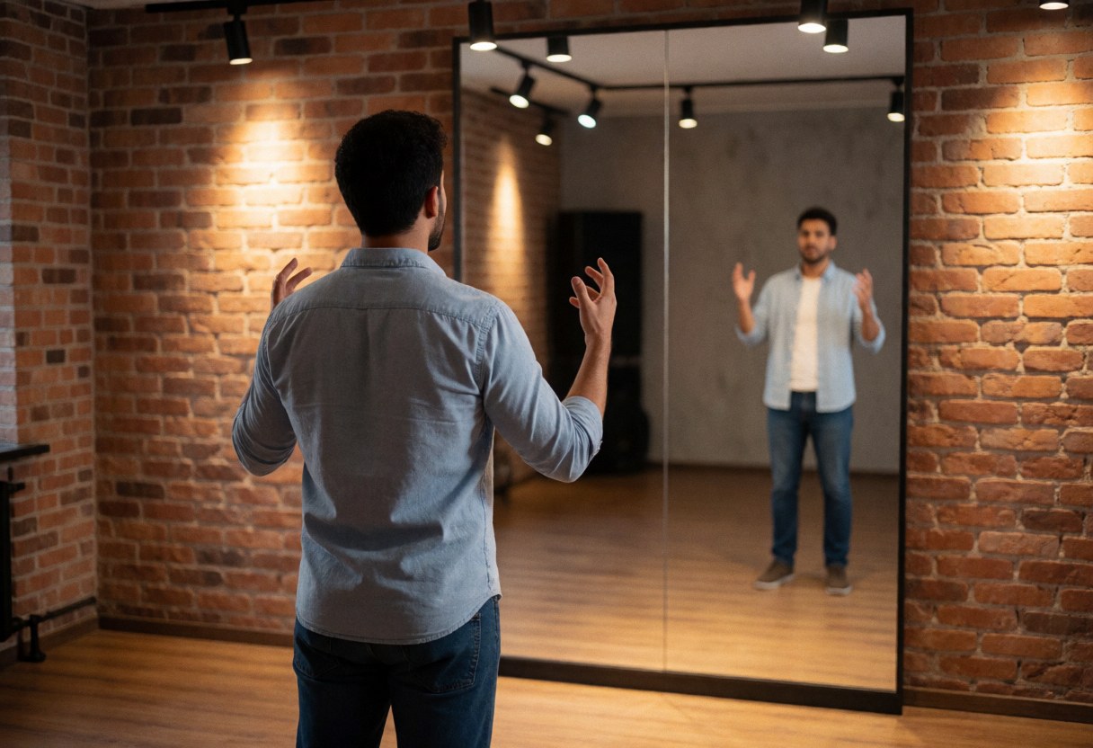 Theater actor practicing expressions and body language in front of a large mirror in a studio with brick walls and warm lighting