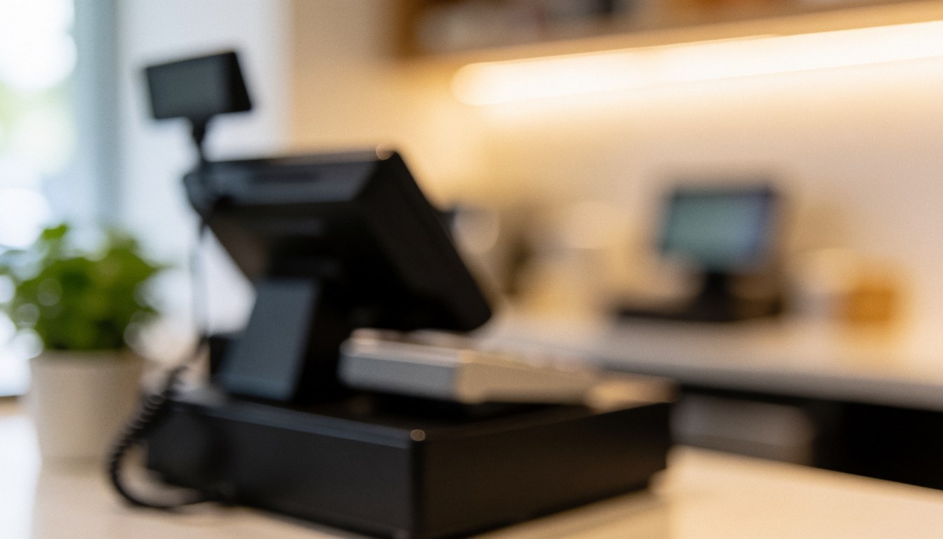 Cash register background in a store with plants and warm light, ideal for text or service information.