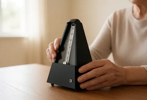 An adult woman adjusts a black metronome on a wooden table with natural light and a blurred room background