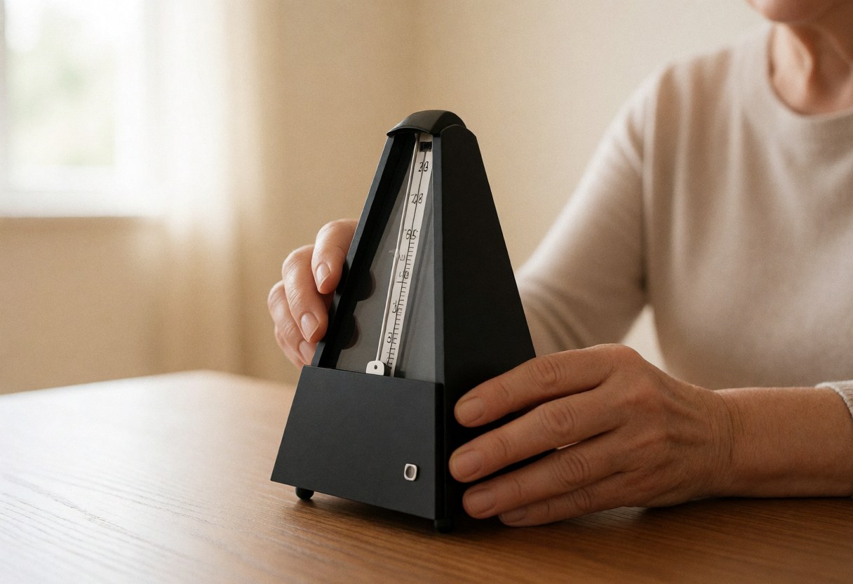 An adult woman adjusts a black metronome on a wooden table with natural light and a blurred room background