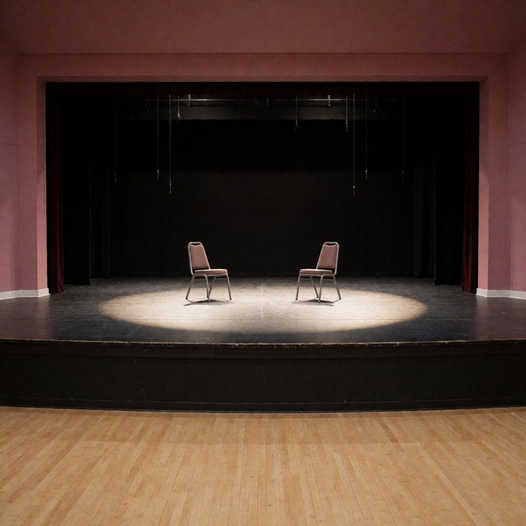 Two empty theater chairs placed under a central spotlight on a stage with pink walls and black curtains in the background
