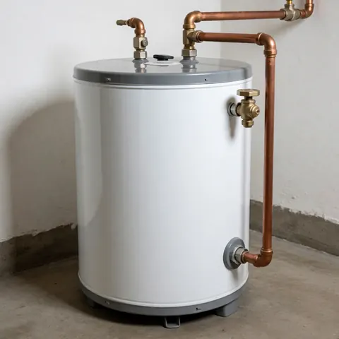 White hot water tank connected to copper pipes in a room with white walls and concrete floor for plumbing repair services