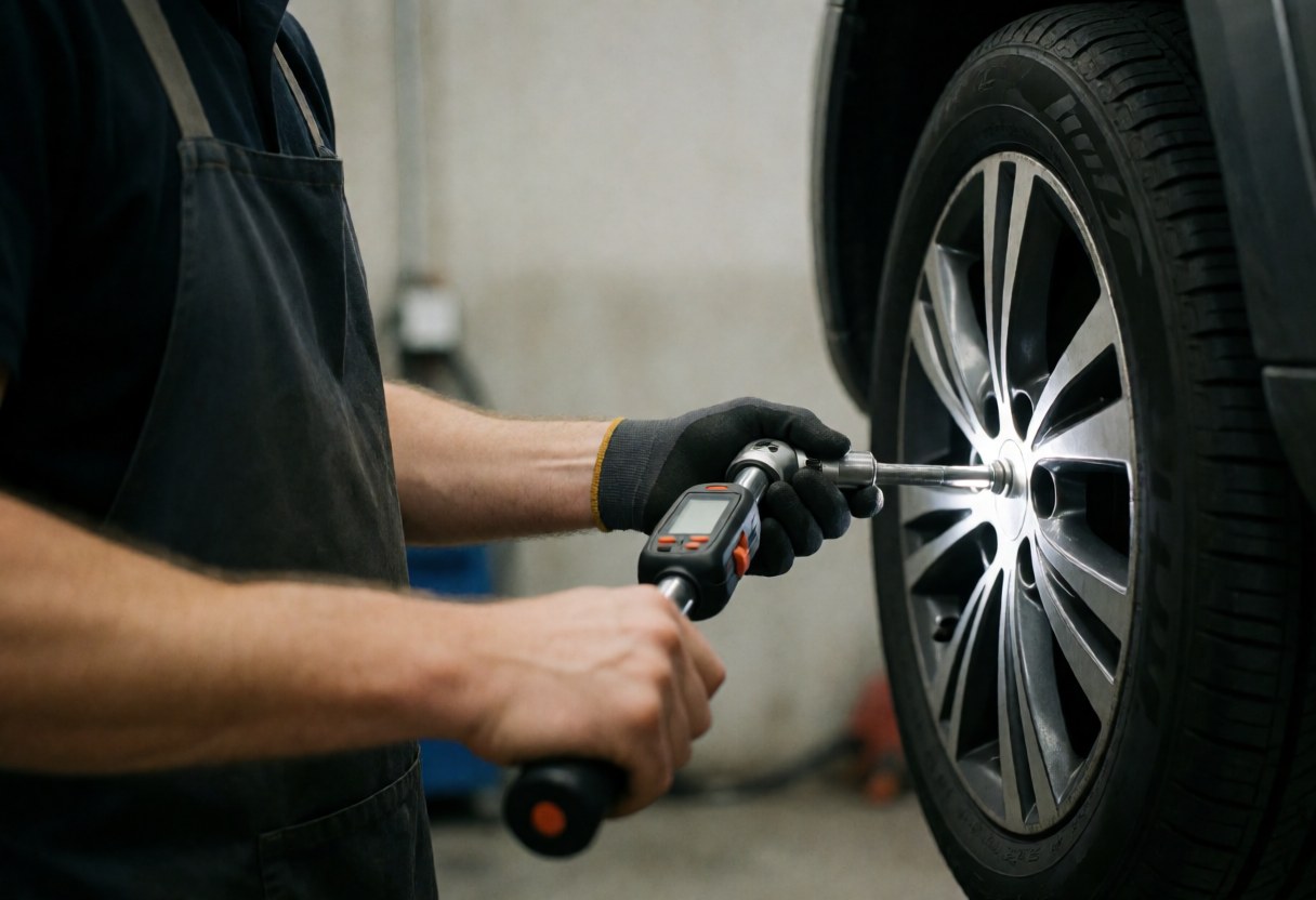 A mechanic uses a torque wrench to adjust a wheel in a bike workshop with bright focused lighting and a blurred background.