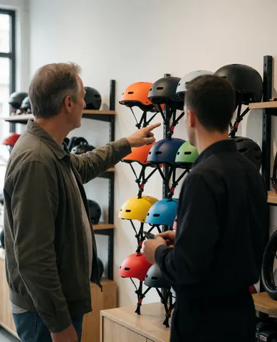 A man selecting a bicycle helmet from a shelf while a mechanic provides advice in a cozy workshop with natural light.