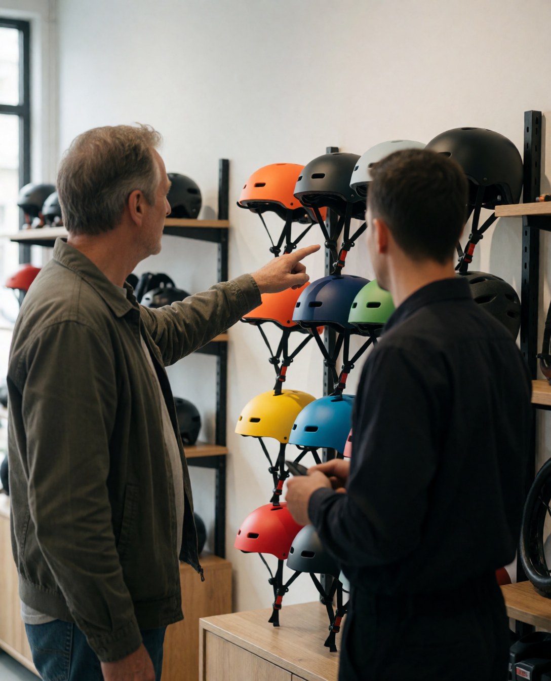 A man selecting a bicycle helmet from a shelf while a mechanic provides advice in a cozy workshop with natural light.