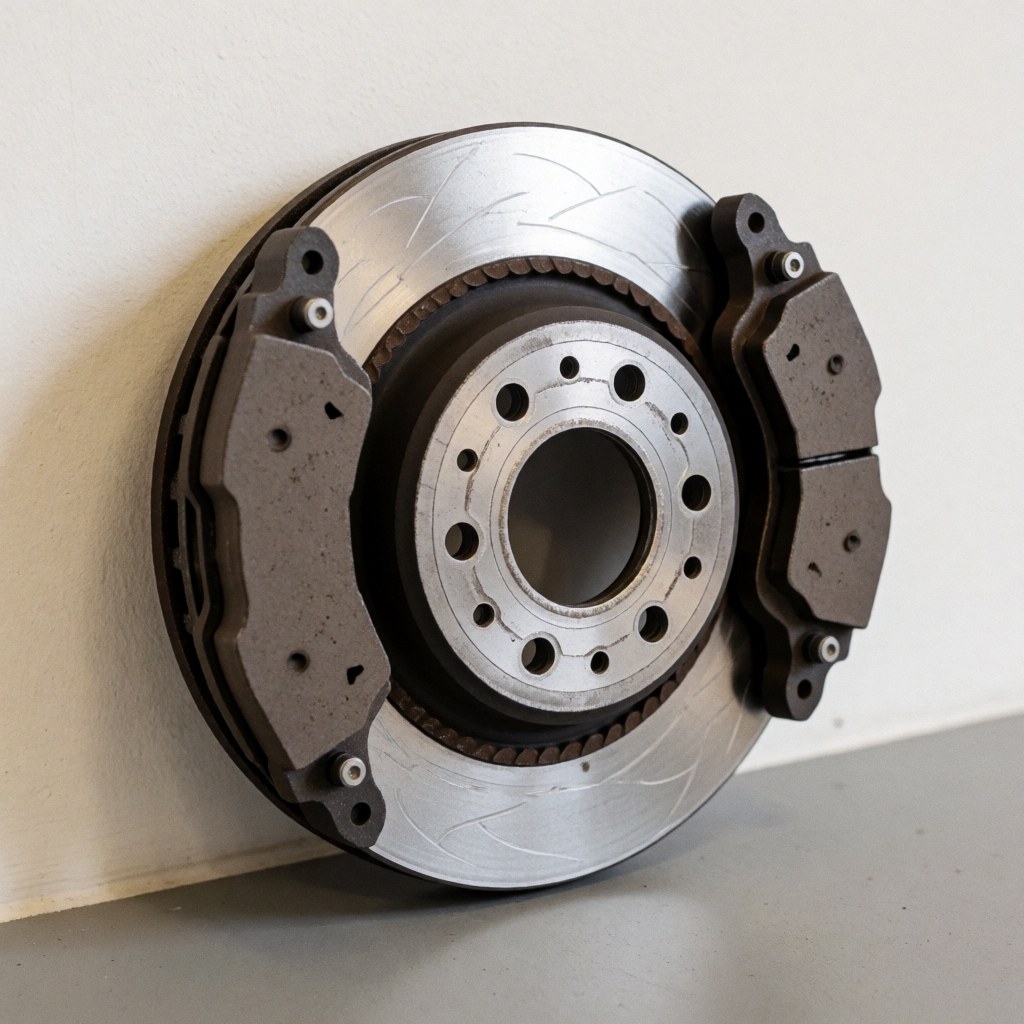 New disc brake kit with rotor and pads on a white wall and gray floor, professional lighting for a bike workshop product shot