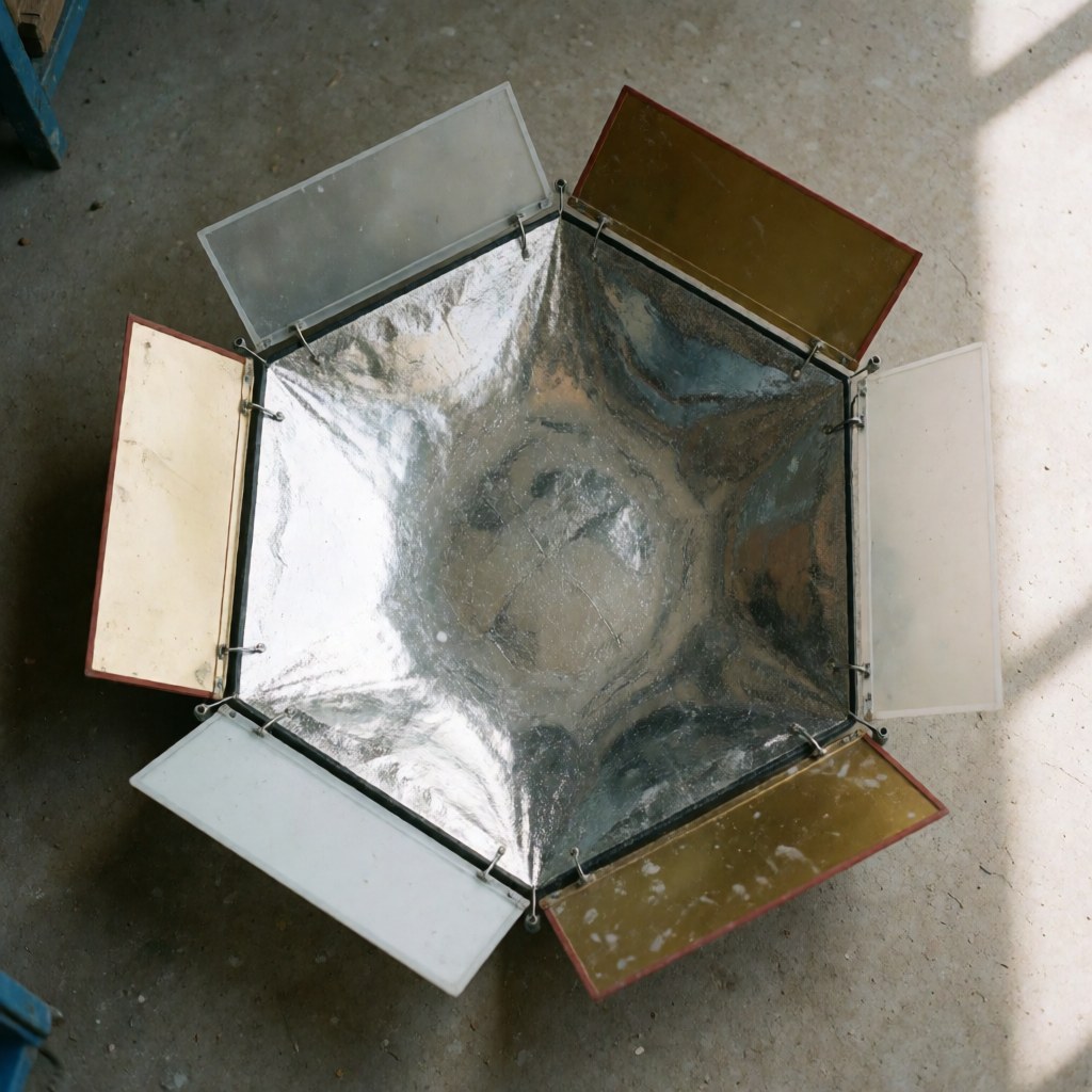 Five-panel photography reflector with silver, gold, and white surfaces placed on a concrete floor in natural light