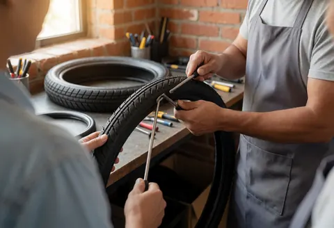 Mechanic and customer working together to remove a bicycle tire using tools in a workshop with brick walls