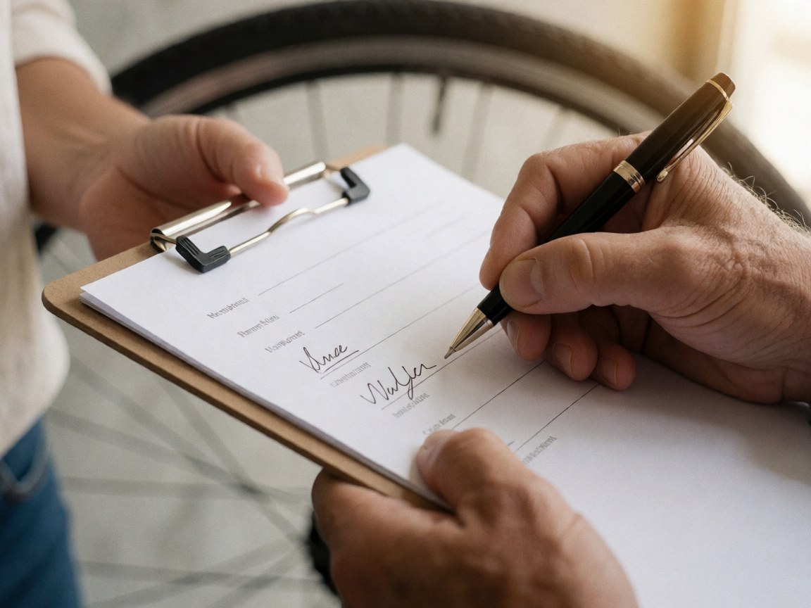 A hand signs a document in a folder with a blurred bicycle wheel in the background of a bike workshop.