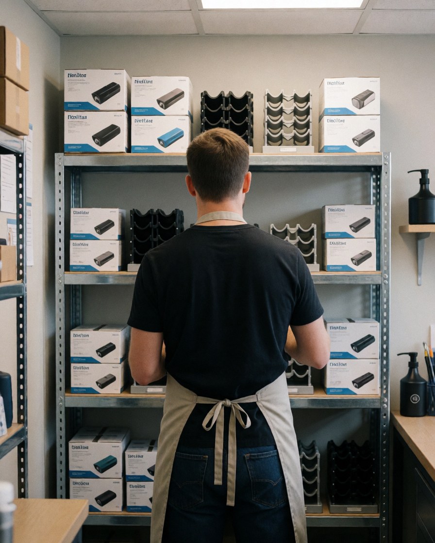 A professional photographer wearing an apron reviews inventory in a workshop with metal shelves and organized camera equipment boxes.