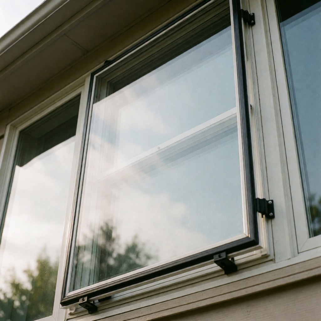 Transparent storm window installed on a house reflecting sky and trees with visible secure clamps
