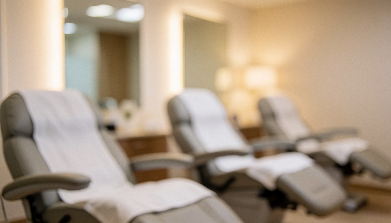 Blurred background of a beauty salon featuring reclining chairs covered in white towels, mirrors, and warm lighting, ideal for text overlay.